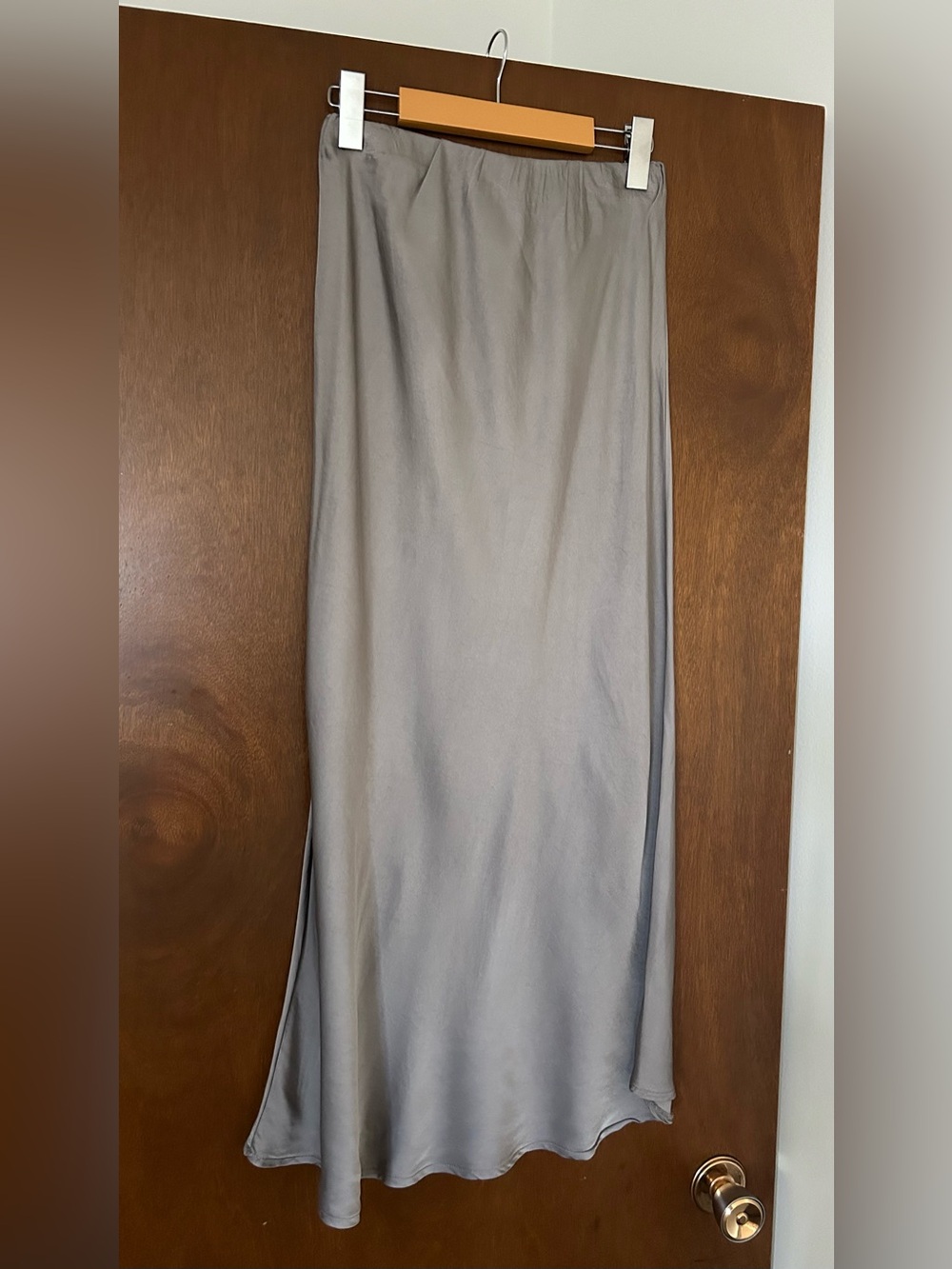 Light Gray Satin Midi Skirt with Subtle Shine